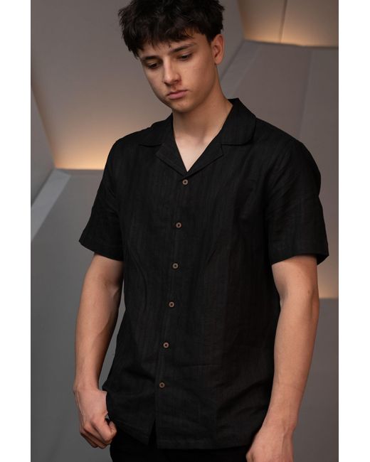Stovaria Black Handwoven Hemp Camp Collar Shirt With Natural Dye for men