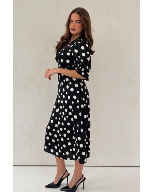 Girl In Mind Black Sharon V-Neck Puff Sleeve Polka Midi Dress