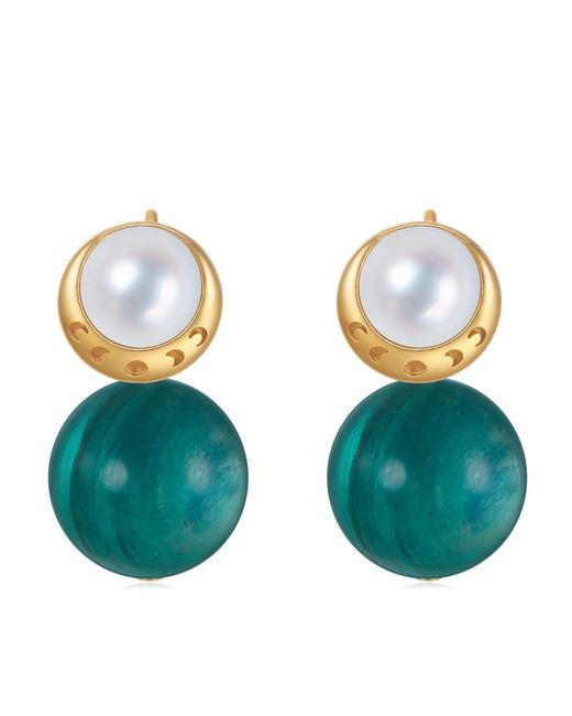 Aurozia Blue Starry Moon Lunar Phase Vermeil Aquamarine Pearl & Moon Crystal Stud Earrings