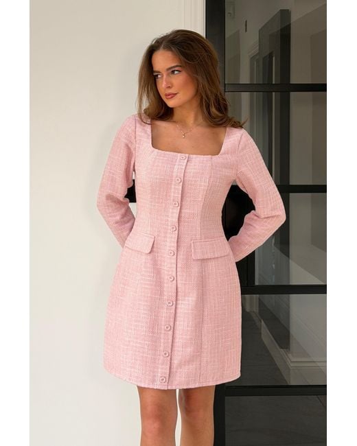 Girl In Mind Pink Flora Long Sleeve Tweed Mini Dress