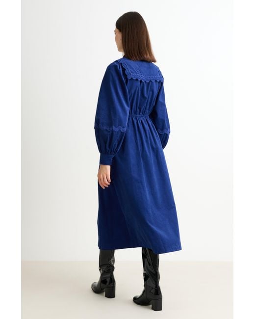 Louche Blue Prudence Babycord Big Collar Ric Rac Trim Midi Dress