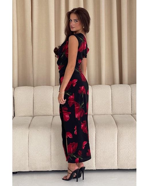 Girl In Mind Red Ariana Asymmetric Floral Midi Dress