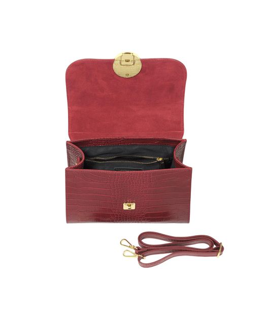 Le Parmentier Red Bombo Croco Embossed Leather Top-Handle Satchel Bag W/Strap