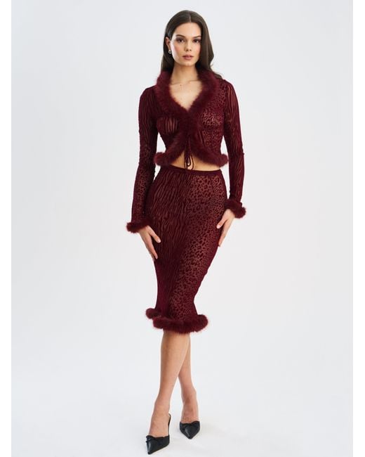 Miss Circle New York Red Hali Burgundy Animal Print Burnout Velvet Fur Trim Top