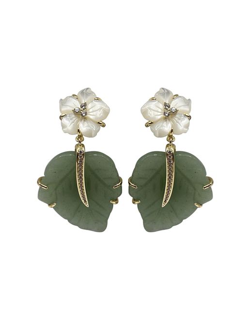 Michael Nash Jewelry Green Mother Of Pearl Flower Sterling Vermeil Earrings With Jade Leaf Drop