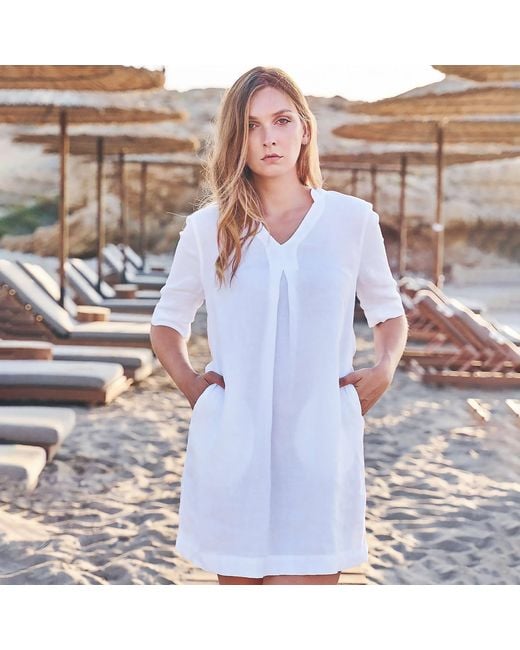 Haris Cotton Natural Neutrals Linen Dress With Notched Neckline Beach Sand