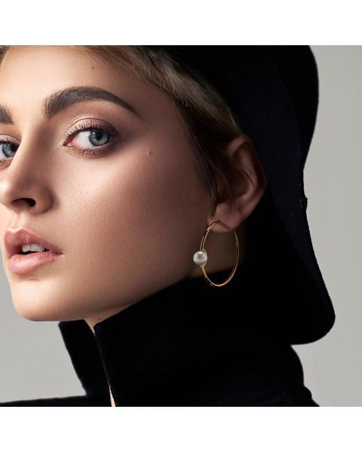 Meulien Metallic Slender Hoop Earrings With Perched Freshwater Pearl