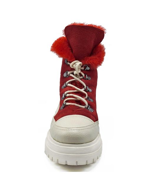 Beautiisoles by Robyn Shreiber Made in Italy Red Francy Leather & Faux Fur Comfortable Ankle Hiking Valentine Bootie