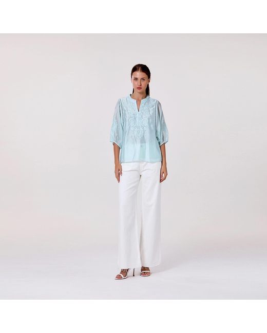 Smart and Joy Orange Embroidered Tencel-Blend Blouse