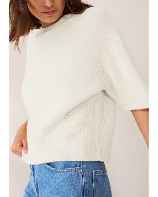 Loop Cashmere White Neutrals Ribbed Detail Lofty Cashmere Short-Sleeved Sweater