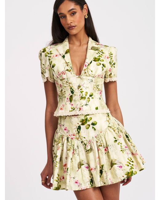 Miss Circle New York Green Zanella Floral Print Lace Trim Linen Top
