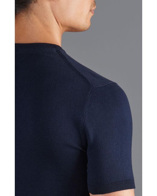 Paul James Knitwear Blue Ultra Fine Cotton Hudson High V Neck Knitted T-Shirt for men