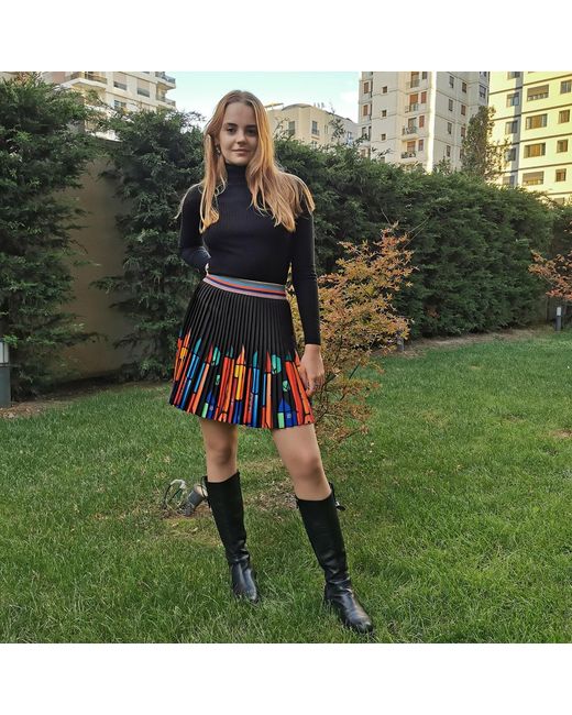 Lalipop Design Red Black Mini Pleated Skirt With Colorful House Prints