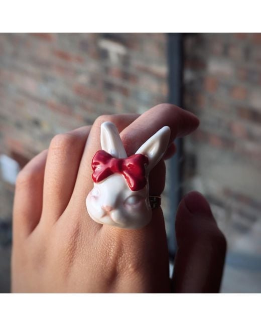H2 Studio Pink Grumpy Bunny Bow Tie 14K Plated Brass Ring