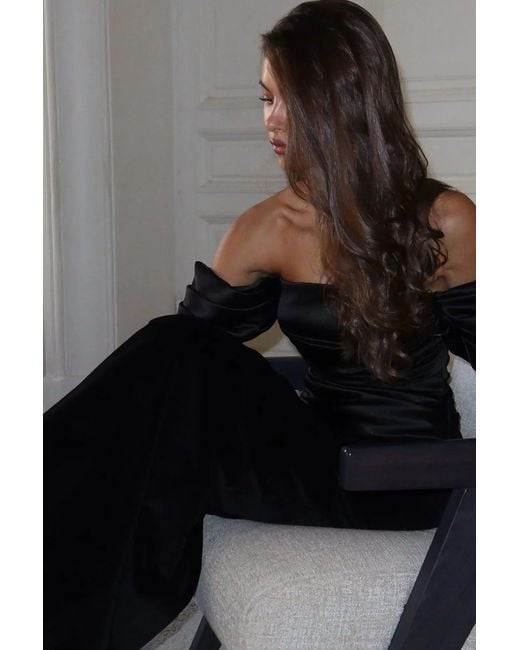 POST MERIDIEM Black Maxi Dress With Draped Bodice & Sleeves