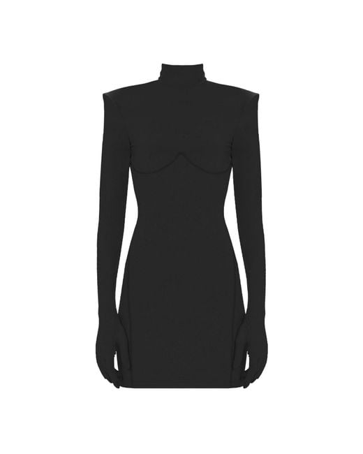 Monosuit Black Long Sleeve Turtleneck Bodycon Shoulder Pad Party Futuristic Mini Dress Gloves