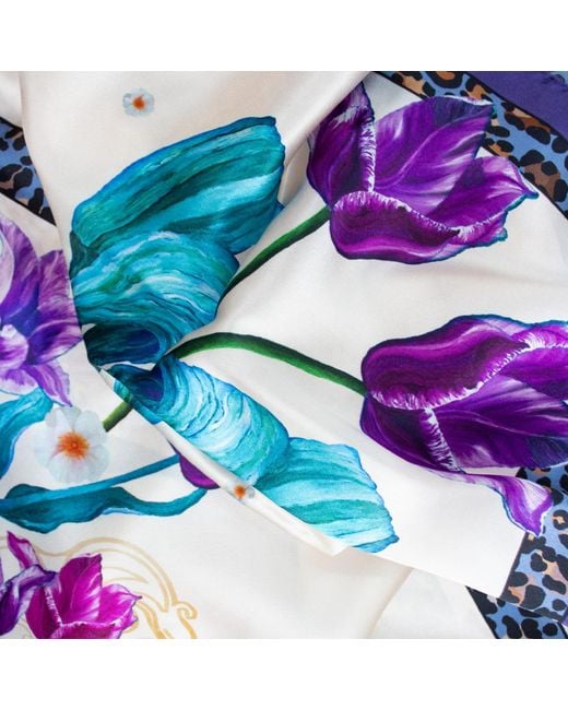 Lamberty Munich Blue Neutrals Spring Tulips Silk Scarf