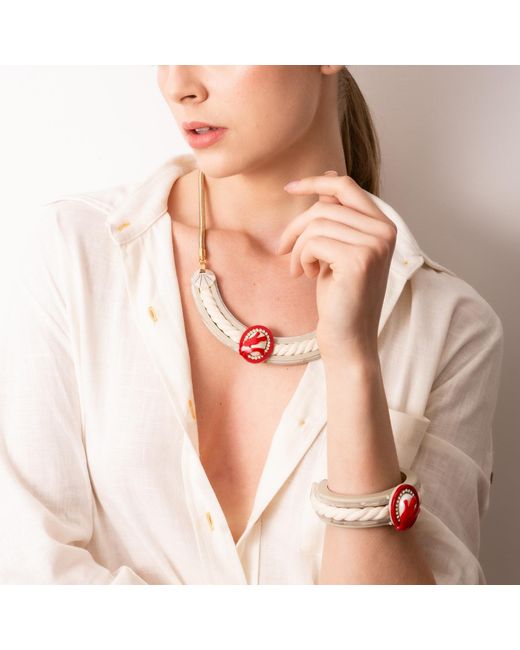 Gissa Bicalho Metallic Handmade Necklace Cord Coral And Pearl