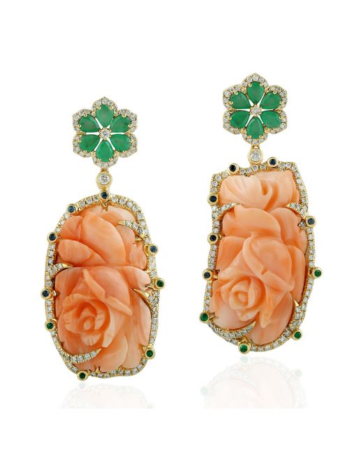 Artisan Green Carved Flower Coral & Blue Sapphire With Emerald Prong Diamond In 18k Gold Dangle Earrings