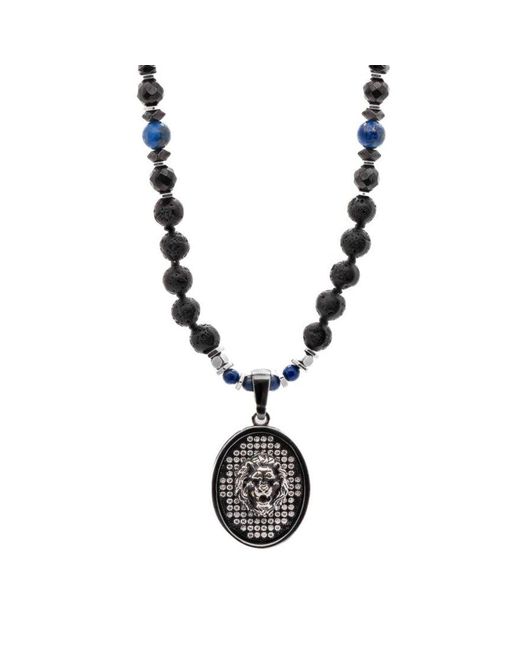 Ebru Jewelry Metallic Powerful Silver Black Lion Necklace for men