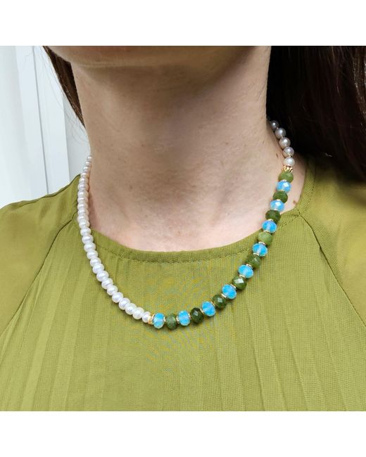Farra Metallic Freshwater Pearls With Jade And Opal Color Matching Necklace