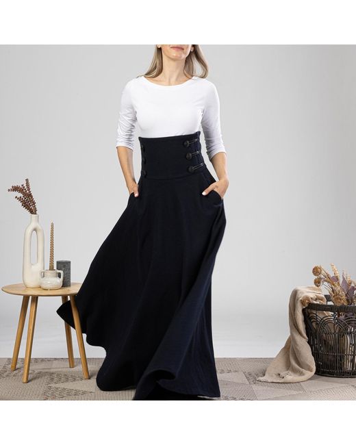 Nikka Place Blue Empire Waist Maxi Wool Skirt With Double Row Buttons