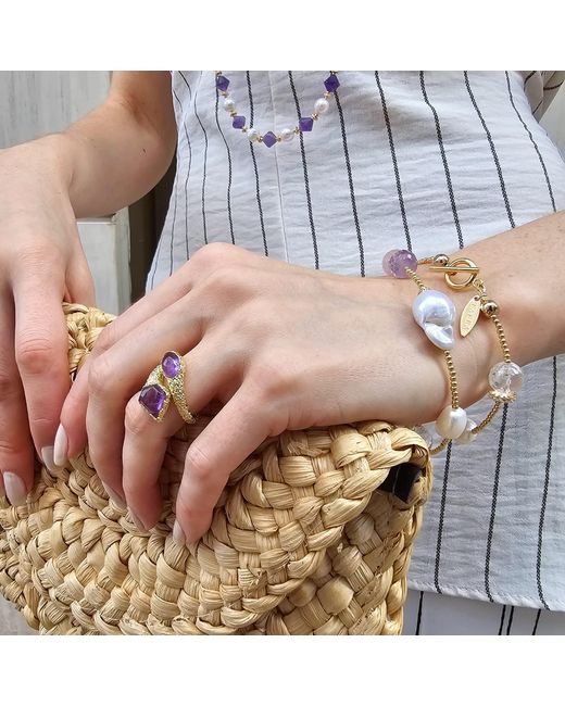 Farra Metallic Baroque Pearls With Rose Quartz And Amethyst Double Layers Bracelet