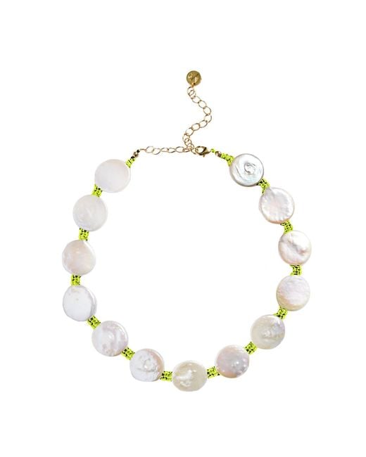 Adriana Pappas Designs Metallic Coin Pearl Choker On Colored Cord