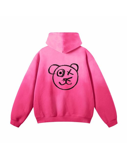 X Ilona Blue Pink Graffiti Teddy Bear Sun Fade Wash Cotton Fleece Fuchsia Hoodie