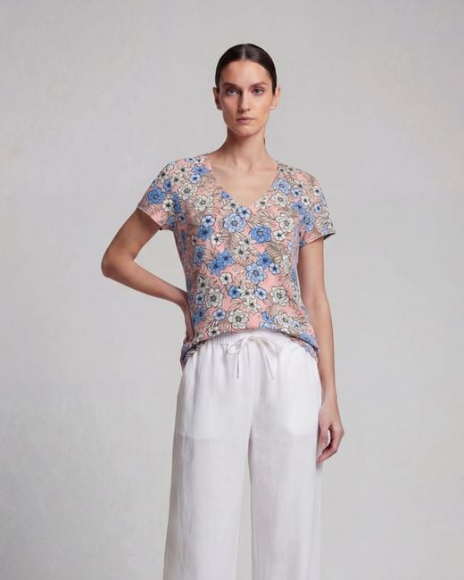 Lords of Harlech Blue Victoria Tropical Mix Coral V-Neck Printed Top