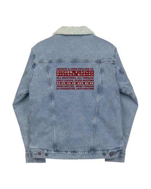 Anchor and Crew Blue Light Denim Explore Co. Sherpa Denim Embroidered Jacket