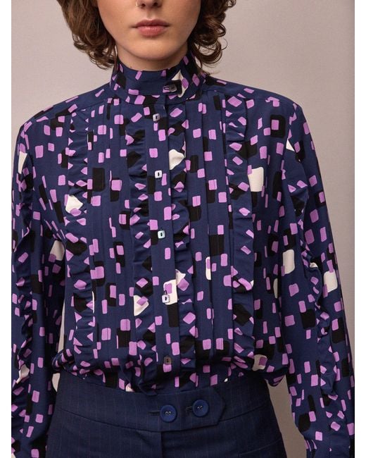 Amanda Thompson Couture Blue Frankie Shirt Abstract Silk Print