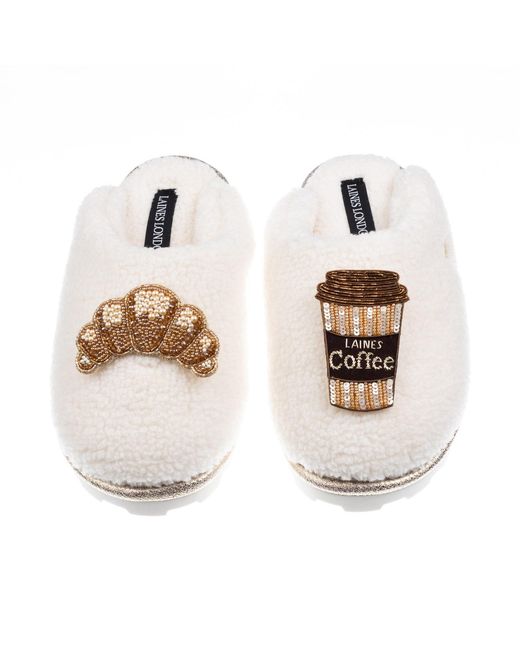 Laines London White Neutrals Teddy Closed Toe Slippers With Coffee Cup & Croissant Brooches