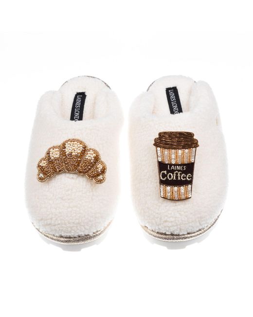 Laines London White Neutrals Teddy Closed Toe Slippers With Coffee Cup & Croissant Brooches
