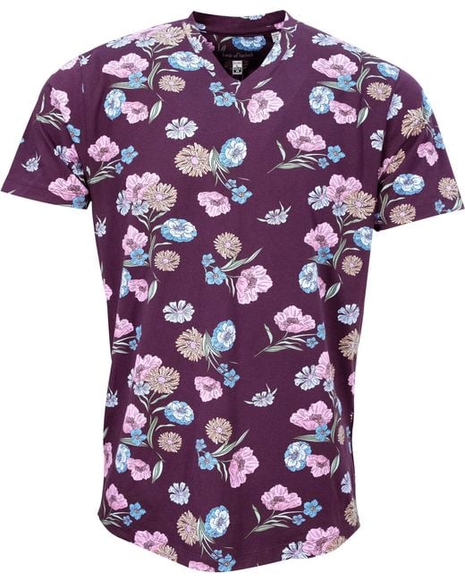 Lords of Harlech Purple Maze Spaced Floral V-Neck Tee for men