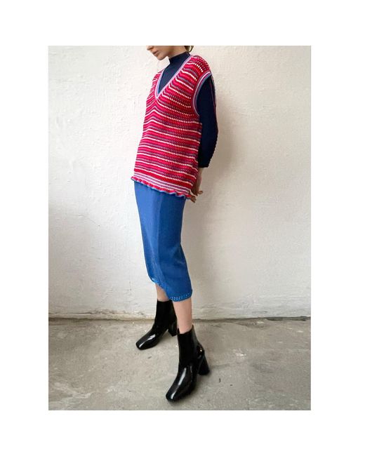 Arto. Red Yeah! Cozy Wool Blend Ruffles Stripes Oversized Vest