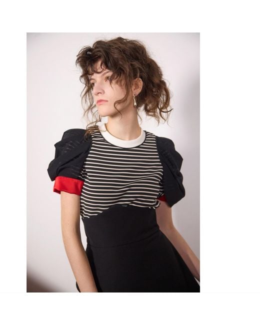 Julia Allert Black Striped Knit Blouse With Mesh Puff Sleeves