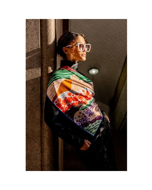 Jessie Zhao New York Green Rose Double Sided Wool Silk Scarf Of Floral Mountain