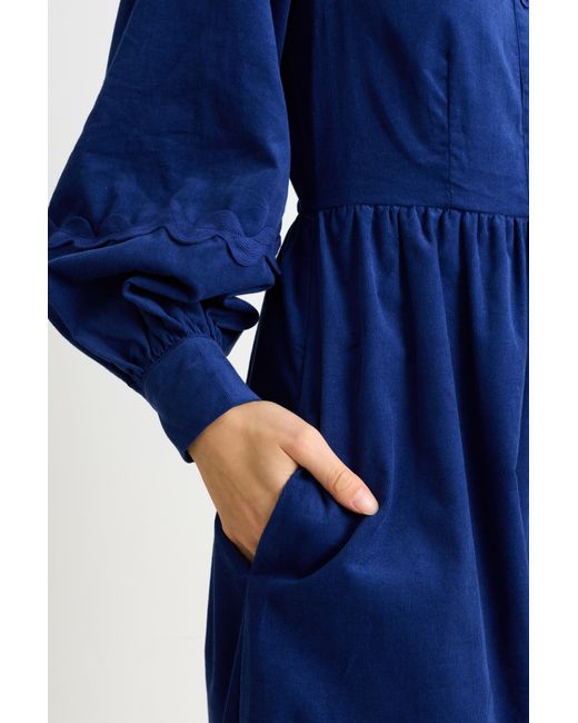 Louche Blue Prudence Babycord Big Collar Ric Rac Trim Midi Dress