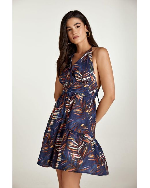 Conquista Blue Leaf Print Empire Line Mini Dress