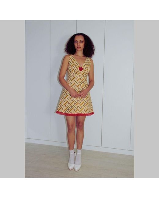 Couture to Your Door Yellow Geometric Babydoll Mod Aline Mini Dress