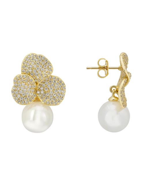 Latelita London Metallic Iris Flower And Pearl Dangle Earrings
