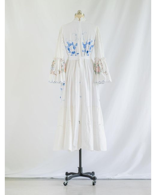 Sugar Cream Vintage White Re-design Upcycled Cross-stitch Embroidery Maxi Dress