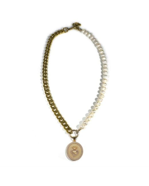 Rachel Nathan Metallic Pearl & Sacred Heart Curb Chain Necklace