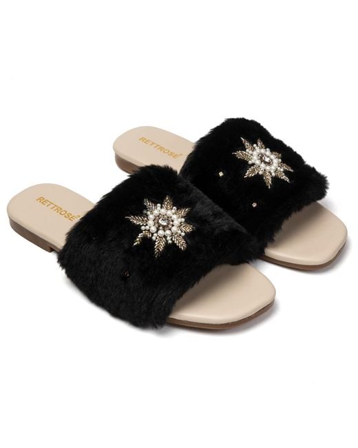 Rettrose Black Taylor Luxury Plush Diamanté Embellished Handmade Sliders
