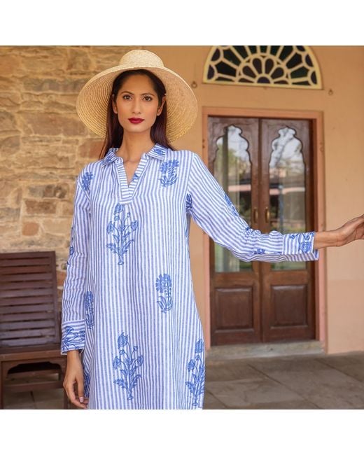 NoLoGo-chic Blue Tourist Hand Printed Stripe Linen Tunic Dress