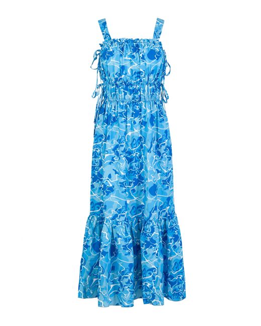 JAAF Blue Tie-detailed Midi Dress In Pool Water Print