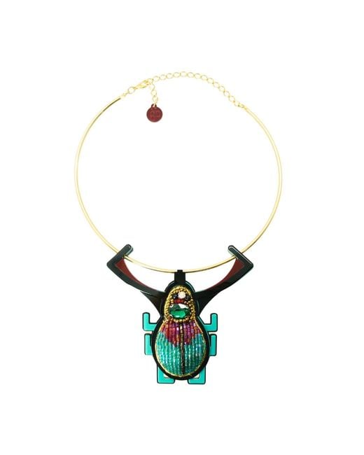Gissa Bicalho Green Handmade Acrylic Necklace Scarab Embroidered