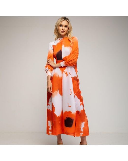 Tantra Spain Sl Orange Pleated Printed Midi Dress With Darts
