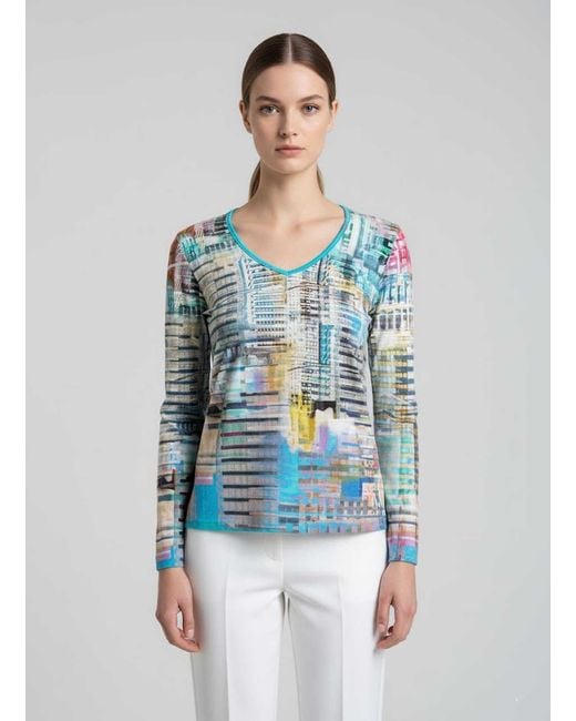 Conquista Blue Cityscape Print V-Neck Long-Sleeve Top